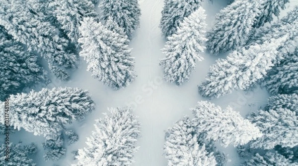 Fototapeta Aerial view of snow-covered trees creating a serene winter landscape.
