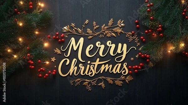 Fototapeta Elegant calligraphy of "Merry Christmas" in gold script surrounded by pine branches, red berries, and twinkling fairy lights on a dark wood background.