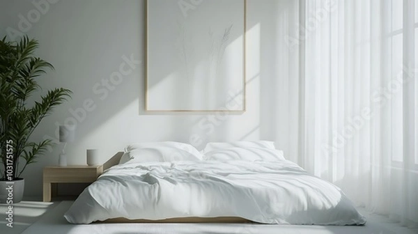 Fototapeta Elegant and Cozy Modern Bedroom Interior Design with Stylish Decor, mockup, poster and Background