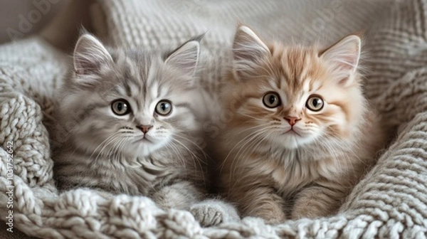 Fototapeta Adorable Fluffy Tabby Kittens Lounging on a Couch