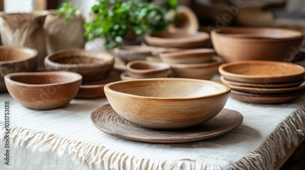 Fototapeta Handcrafted Ceramic Tableware Set on a Bright Background