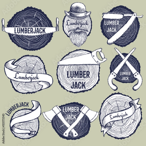 Fototapeta Sketch set of lumberjack logotypes