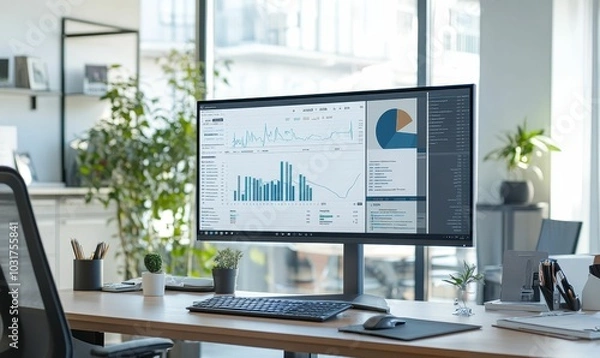 Fototapeta Office desk with computer showing charts and graphs.