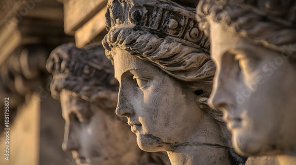 Fototapeta A close-up of the Caryatids on the Erechtheion at the Acropolis their delicate features bathed in soft afternoon light.