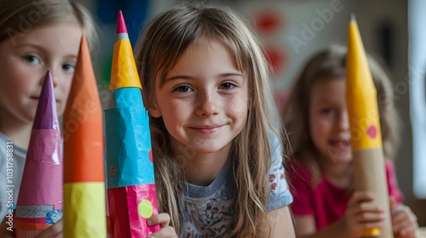 Fototapeta A group of children building space rockets out of recycled materials during a craft workshop at school.