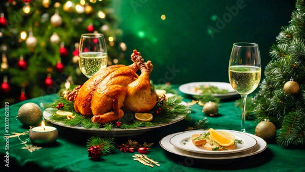 Obraz シャンパンとチキンのクリスマスディナー