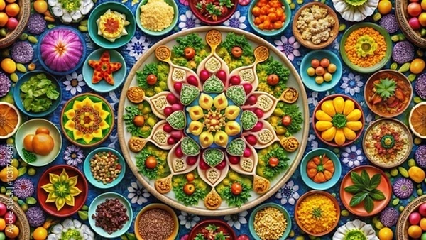 Fototapeta Vibrant Kaleidoscope Food Photography with Floral Mandala Background for Vertical Video Presentation