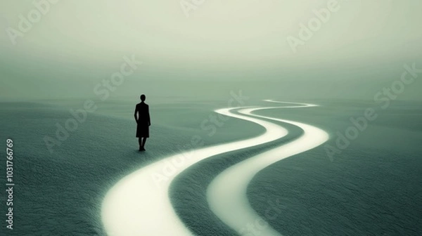 Fototapeta A solitary figure walks along a glowing path in a surreal, misty landscape, AI