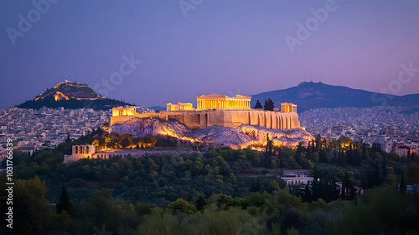 Fototapeta A wide view of the Acropolis at night with soft lighting illuminating the ancient ruins while the rest of the city sleeps below.