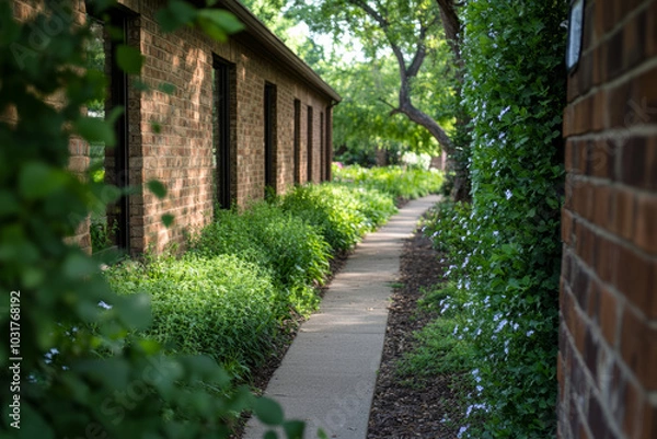 Fototapeta A brick wall with a path of green plants and flowers leading to it