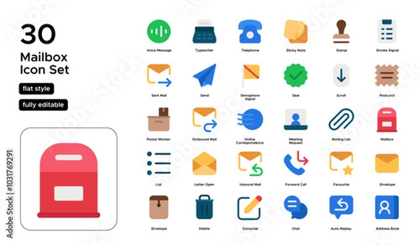 Obraz Mailbox Flat Icon Set: Letters, Postage, and Mailboxes Icons
