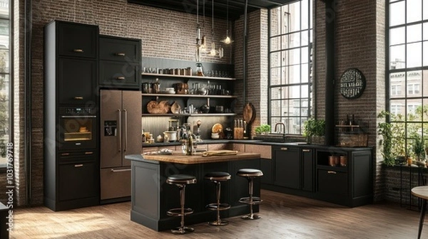 Fototapeta Modern Industrial Kitchen with Black Cabinets and a Brick Wall