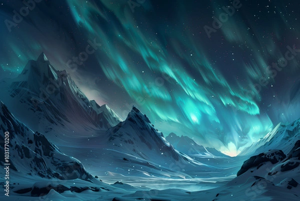 Fototapeta Dramatic northern lights over rugged mountain peaks at night with a dark blue sky.
