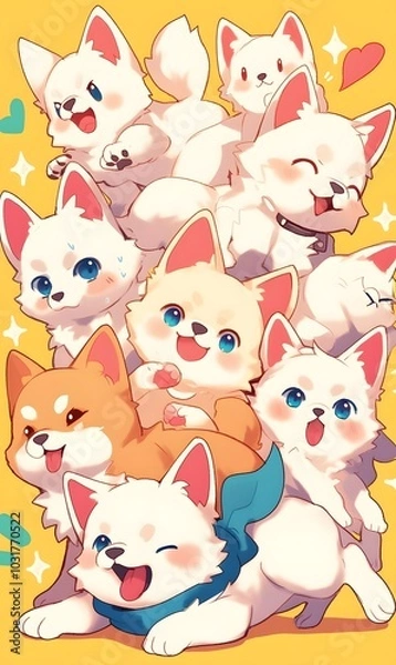 Obraz Cute_rabbits_a_group,Cute_puppys_a_group,Cute_cats_a_group,Cute_Bambae_birds_a_group,generation AI
