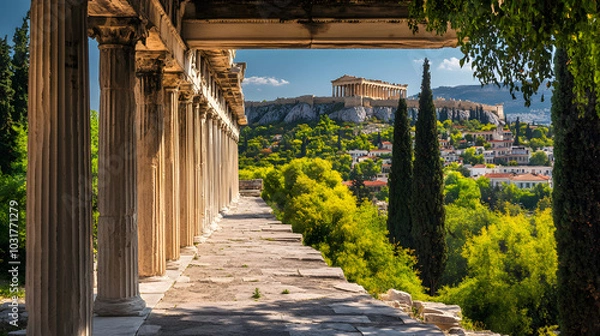 Fototapeta The Acropolis framed by the columns of the Stoa of Attalos in the Ancient Agora offering a layered view of Athenian history.