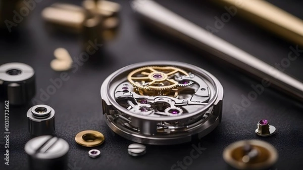 Fototapeta Intricate dismantled mechanical watch with detailed gears and springs on dark background, symbolizing precision and complexity in teardown analysis.