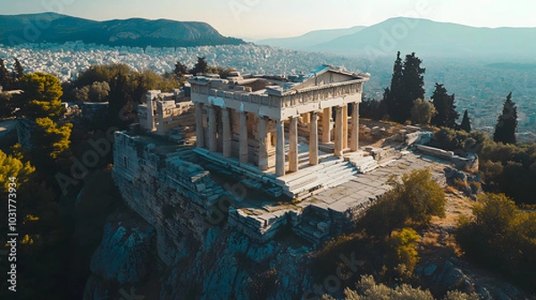 Fototapeta The majestic Temple of Athena Nike perched on the edge of the Acropolis overlooking the Athenian landscape.