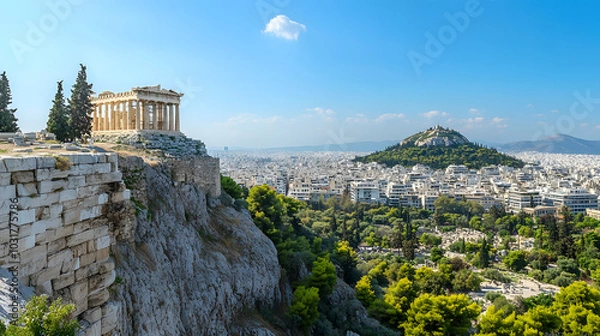 Fototapeta The Temple of Athena Nike on the edge of the Acropolis overlooking the sweeping views of Athens below.