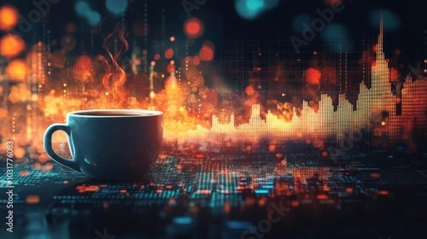 Fototapeta Steaming Coffee Mug with Digital Data Background