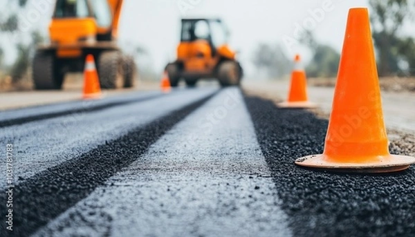 Fototapeta Construction site with orange cones marking fresh asphalt surface, machinery working in background.