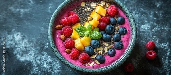 Fototapeta A close-up of a vibrant pink smoothie bowl topped with fresh mango, raspberries, blueberries, almonds, chia seeds, and a sprig of mint.