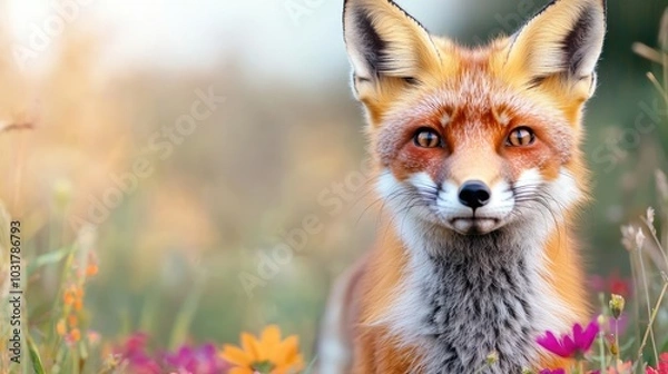 Fototapeta A vibrant red fox stands amidst colorful flowers, showcasing its striking features in a natural, sunlit environment.