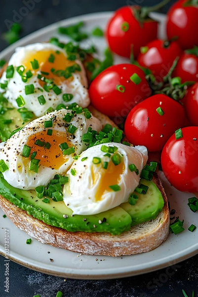 Fototapeta Avocado Toast with Poached Eggs and Cherry Tomatoes.