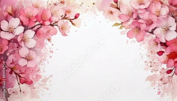 Fototapeta Watercolor Cherry blossom arranged, space on center on white Background; soft tone