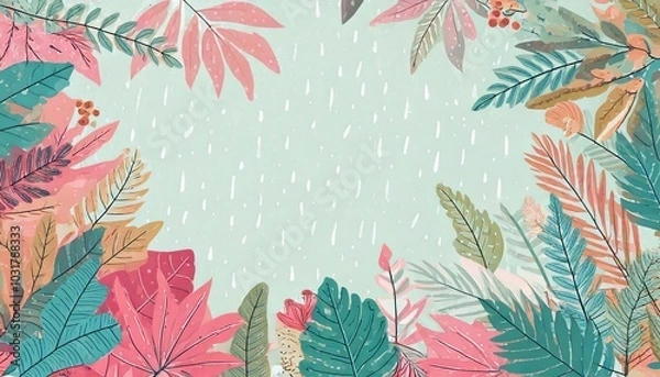 Fototapeta background with leaves, background postcard; rainy season leaves and flowers; pastel theme, vector illustration