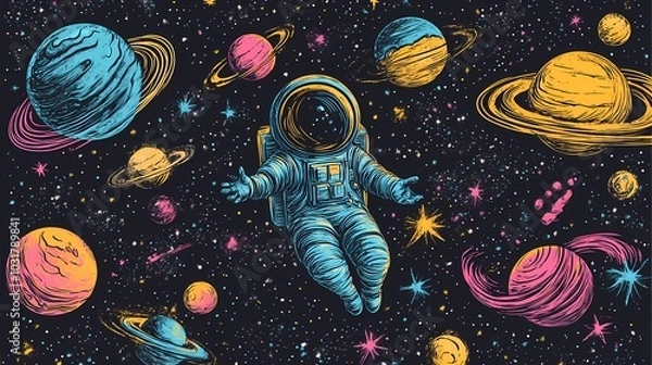 Fototapeta Colorful astronaut floating among vibrant planets in outer space.