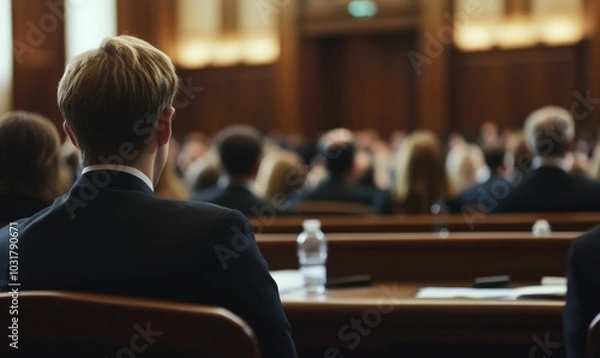 Fototapeta Man in suit sitting in a room full of people.