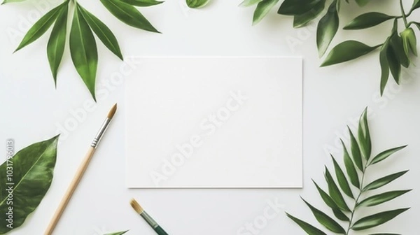 Fototapeta A Creative Workspace Featuring Natural Elements and Blank Canvas