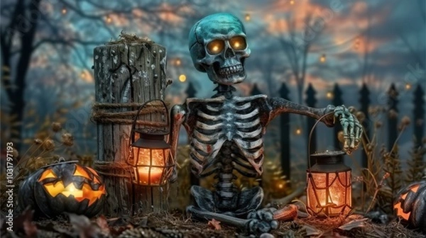 Fototapeta A spooky Halloween display features a skeletal figure holding a lantern, surrounded by carved pumpkins and a misty, forested backdrop, creating an eerie yet festive scene.

