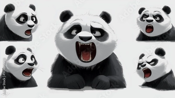 Fototapeta Angry panda cartoon character showing extreme emotions
