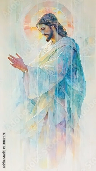 Fototapeta  Beautiful depiction of Jesus, bathed in radiant light, symbolizing peace, love, and spirituality, rendered in soft pastel tones.
