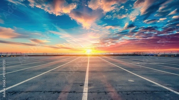 Fototapeta A wide-angle perspective shot of an empty asphalt parking lot, featuring a colorful sunset sky and white painted lines.