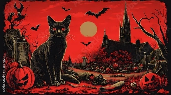 Fototapeta A black cat with red eyes in a spooky Halloween landscape at sunset.