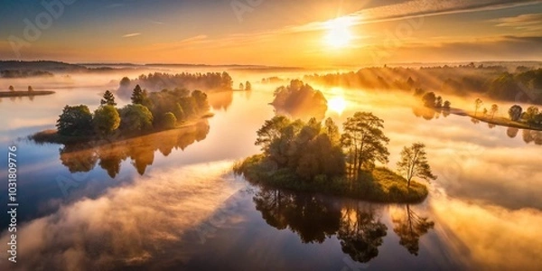 Obraz Vintage Sunrise Over Misty Lake - Tranquil Nature Landscape Photography