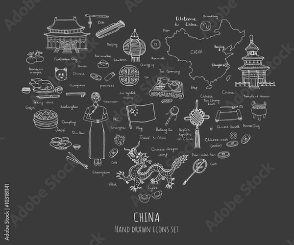 Fototapeta Hand drawn doodle China icons collection Vector illustration Sketchy Chinese icons set Big set of icons for Welcome to China Concept Tea Ceremony Chinese food National costume Lantern Dim Sum Dragon