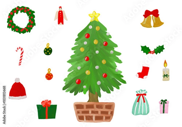 Fototapeta ゆる可愛い油絵ふうのカラフルクリスマスアイテムイラスト