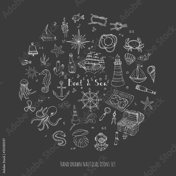 Fototapeta Hand drawn doodle Boat and Sea set Vector illustration boat icons sea life concept elements Ship symbols collection Marine life Nautical design Underwater life Sea animals Sea map Spyglass Magnifier