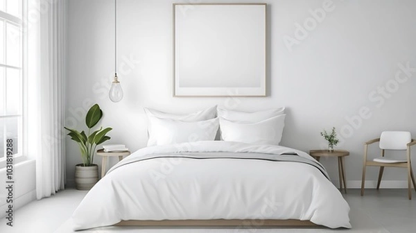 Fototapeta Elegant and Cozy Modern Bedroom Interior Design with Stylish Decor, mockup, poster and Background