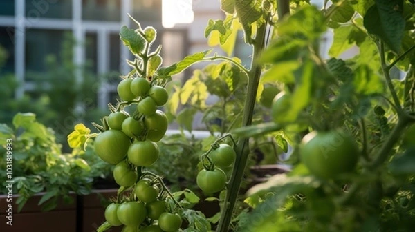Obraz Green Tomatoes Growing on a Vine