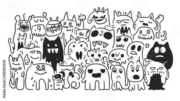 Fototapeta Cartoon Doodles of Emotions, vibrant doodle art showcasing a variety of expressions in a playful neopop style with cute characters and monsters.