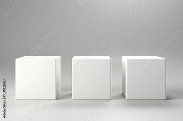 Fototapeta Three white cubes stand on a light gray background.