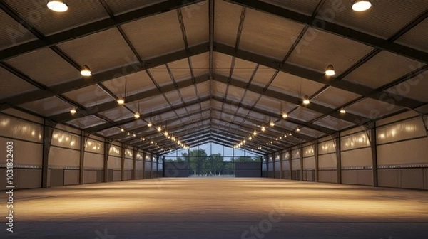 Fototapeta Spacious Metal Building Interior: A wide shot showcasing the expansive interior of a modern metal building, illuminated by strategically placed lights, creating a clean and functional atmosphere.