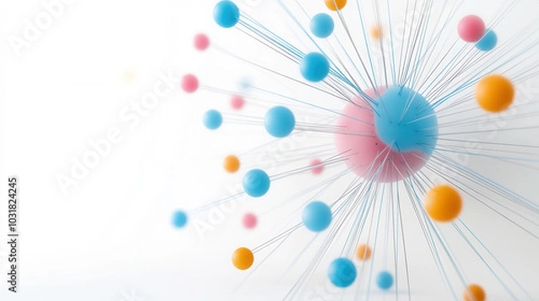 Fototapeta colorful representation of virus particles with blue, pink, and orange spheres connected by thin lines, illustrating interactions in scientific context