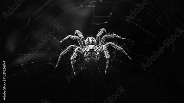Fototapeta High-Contrast Black-and-White Close-Up of Spider in Center of Intricate Web