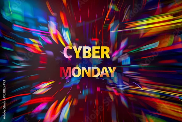 Fototapeta Text CYBER MONDAY on colorful background in distortion effect