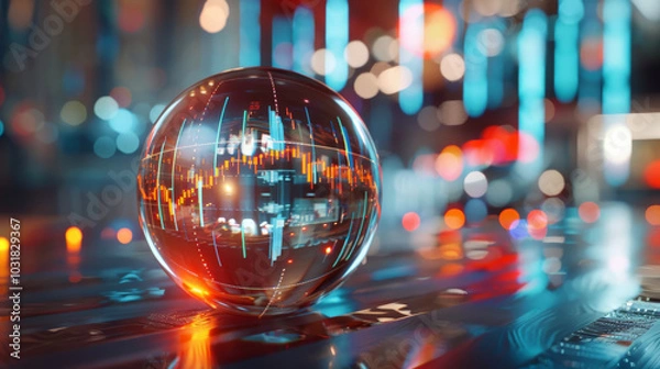 Fototapeta crystal ball displaying market predictions symbolizes future of investment. vibrant colors and reflections create captivating atmosphere, evoking curiosity and intrigue